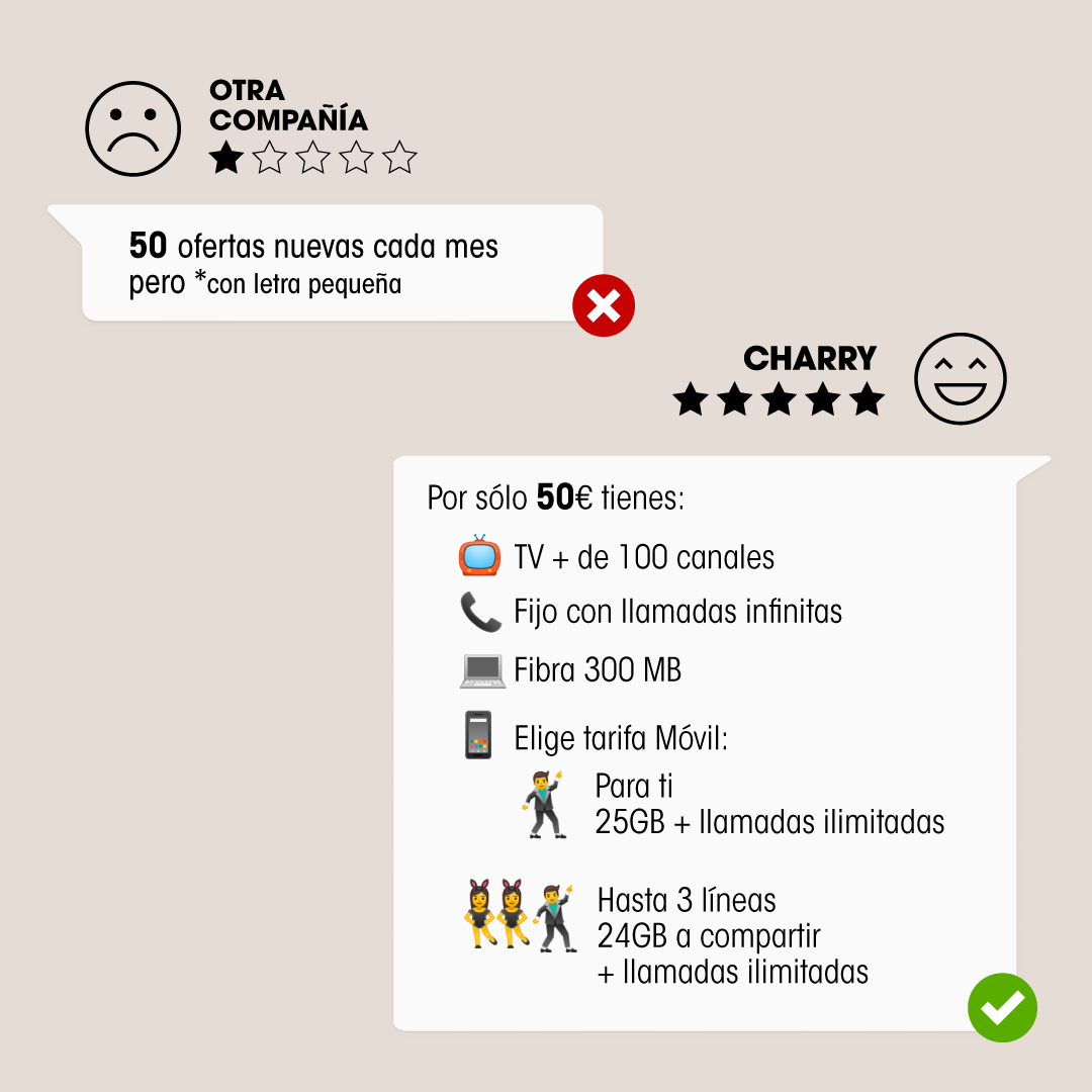 charrytv's tweet photo. Las cosas bien claras 😎 Como nuestro #pack50, que te ofrece:
🌐 300Mb
📞 Fijo con llamadas ilimitadas a fijos nacionales.
📲 Tarifa móvil con llamadas ilimitadas, con 25 Gb para ti o 24GB para compartir
📺 TV con + de 100 canales
☎️ Más información en el 952 877 548. https://t.co/0pCQM9VvWA