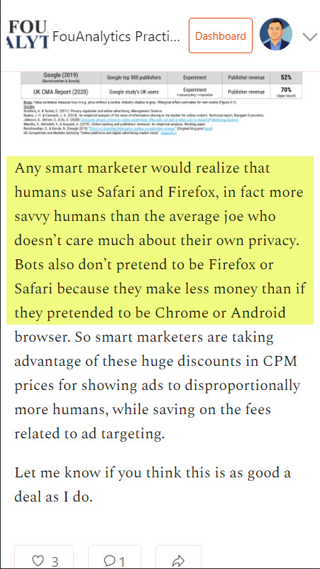 acfou's tweet image. "Any smart marketer would realize that humans use Safari and Firefox"
not showing ads on iOS/Firefox due to lack of targeting means fewer ads are shown to humans; targeting Chrome/Android means more ads are shown to bots
fouanalytics.substack.com/p/50-70-discou…