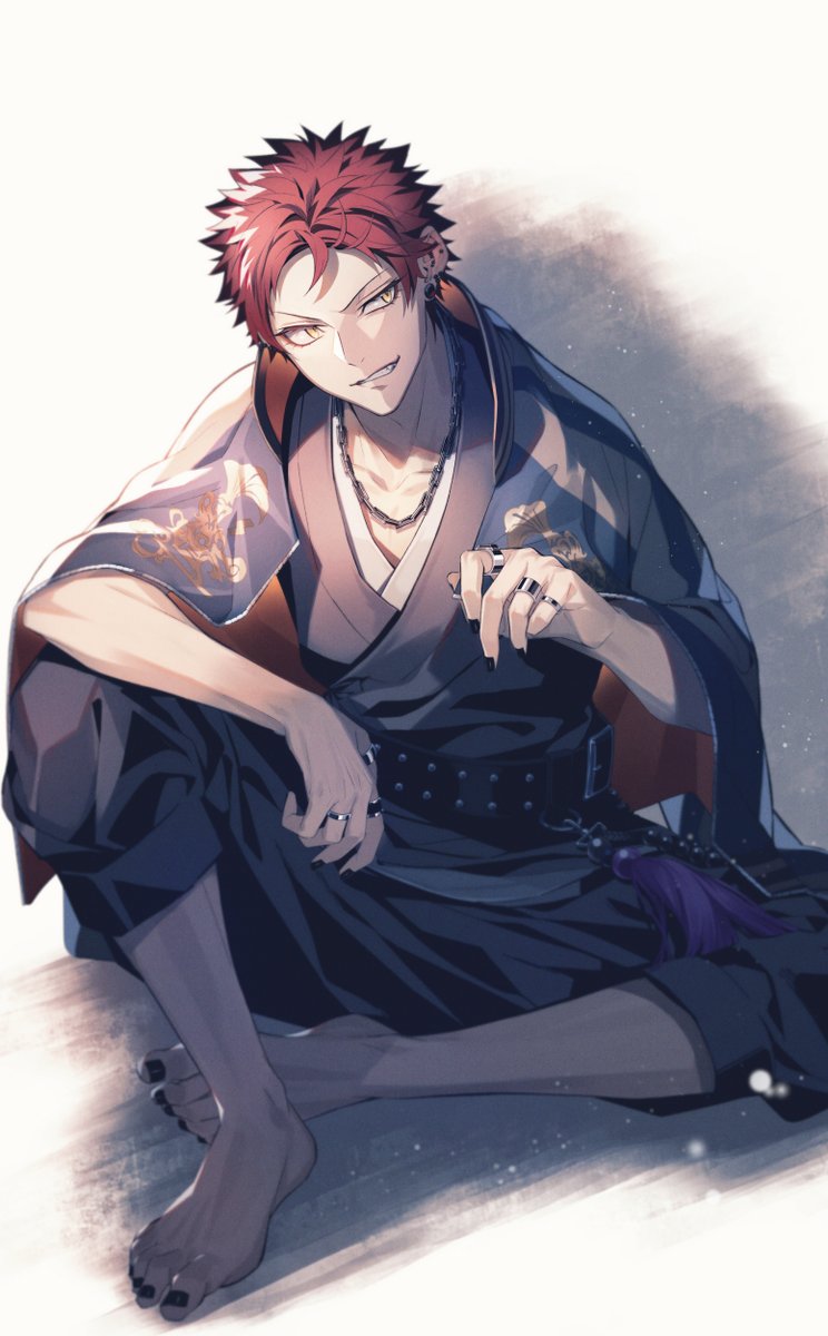 1boy male focus red hair jewelry solo japanese clothes sitting  illustration images