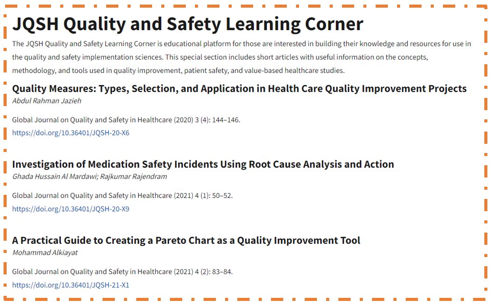 JQSHEditors's tweet image. Access our collection of resources for #qualityimprovement in the &quot;JQSH Quality and Safety Learning Corner&quot; 
ow.ly/Mbtj50H16Xe

#JQSHLearning #LearningCorner #PatientSafety #QIResearch
@dralsurimik @arjazieh