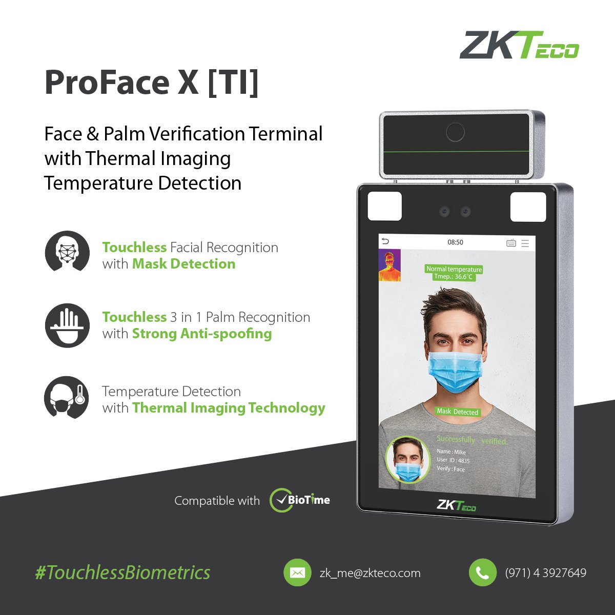 ZKTecoME's tweet image. The perfect solution for a touchless experience - ProFace X[TI], equipped with face and palm verification and thermal imaging temperature detection providing ultimate security.

Read more: zkteco.me/product-detail…

#zkteco #touchlessbiometrics #facialrecognition #palmrecognition