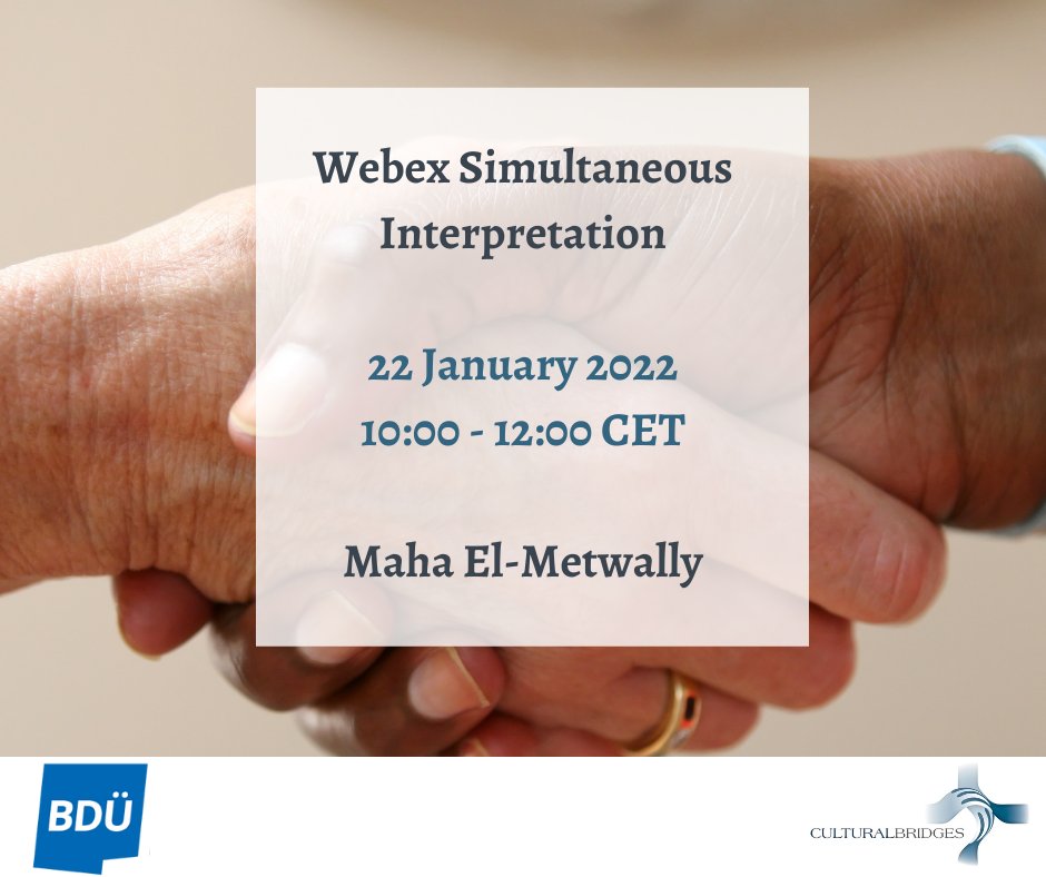 MahaElMetwally's tweet photo. Very pleased to announce a new cooperation with @BDUe_eV.
✅ More info here: https://t.co/c1rYBxARGW
➡ This @Webex training for #terps offers special rates for members of several professional #associations & #1nt #students.
📌 The training will be in English.
#tech4terps https://t.co/p7KosWx0s3
