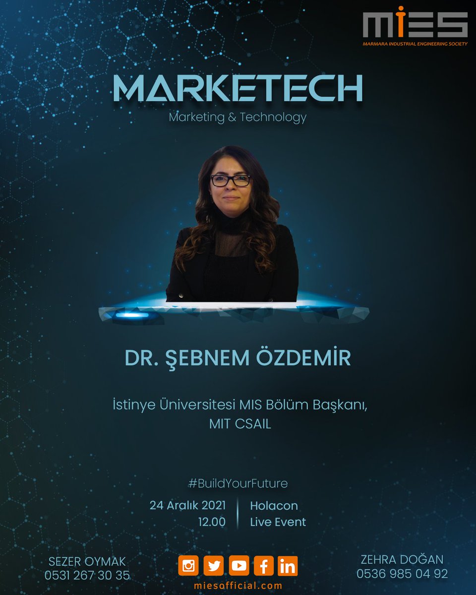 Bu yıl MarkeTech'te 24 Aralık’ta, "Yapay Zeka" konulu oturumu ile İstinye Üniversitesi MIS Bölüm Başkanı, MIT CSAIL Dr. Şebnem Özdemir'i ağırlıyoruz! 

Son Kayıt Tarihi: 23 Aralık 🚨 

Hemen Ücretsiz Kaydol! Link Bio’da! 👆 

📆 24 Aralık 2021
⏱ 12.00
📍 Holacon Live Event