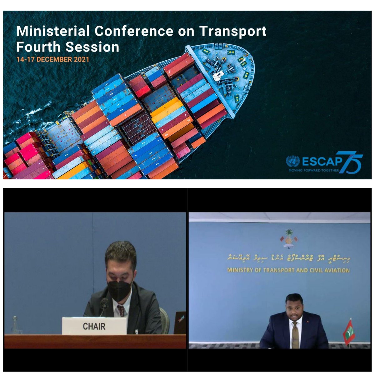 MDVinThailand's tweet photo. #MDVinThailand together with @MoTCAmv participates at the Fourth Ministerial Conference on Transport from 14–17 Dec 2021 organised by @UNESCAP. The conference will review and explore a way forward in achieving sustainable and resilient transport systems in the Asia Pacific region https://t.co/IUoZc24buU