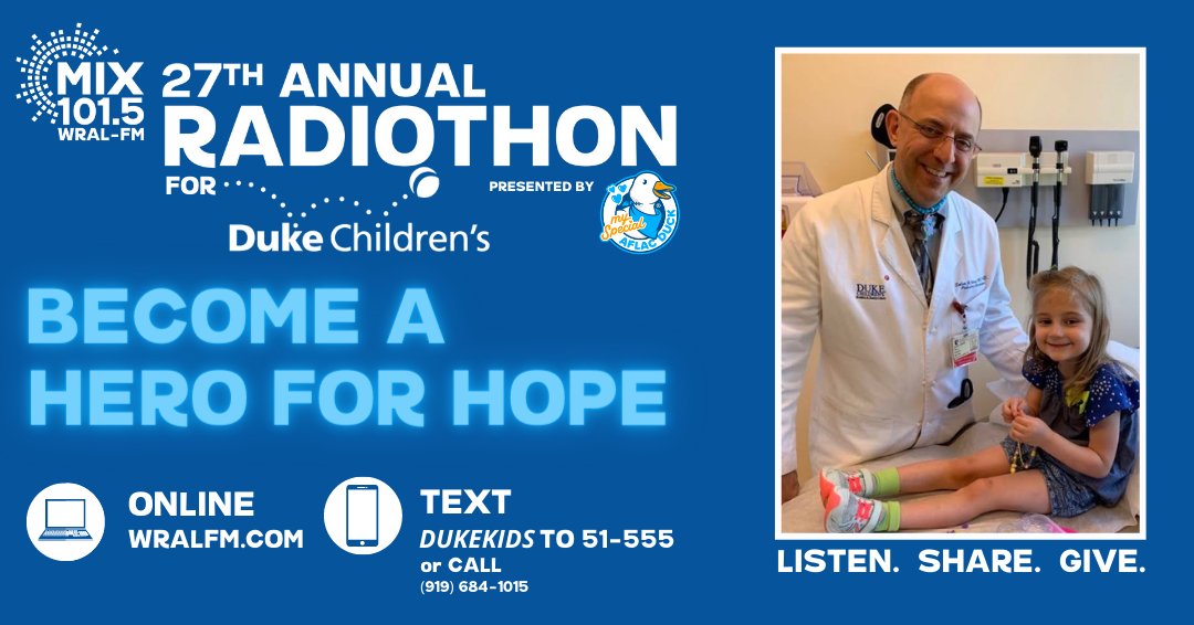 The 27th Annual #MIX1015Radiothon benefiting #dukechildrens has officially begin! Donate now &amp; become a Hero for Hope-&gt; bit.ly/RadiothonSocia…