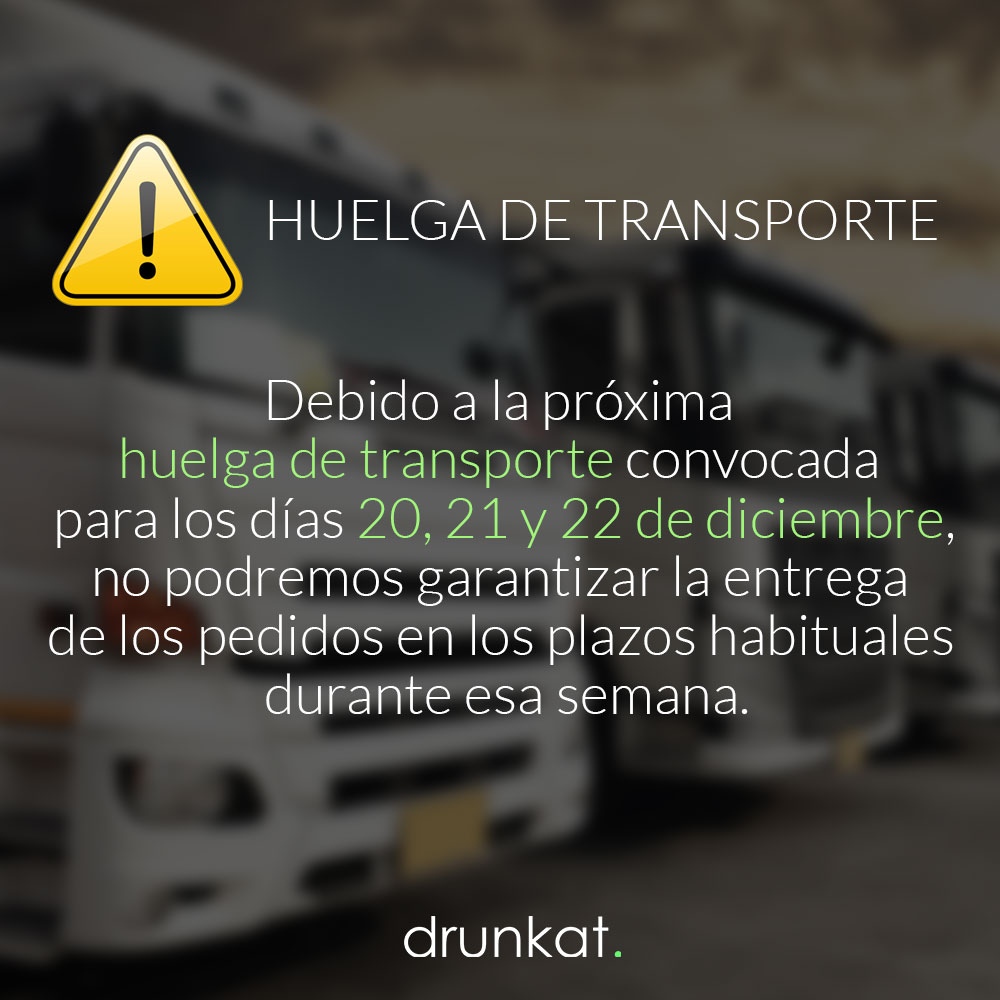 drunkatools's tweet image. Hola! Los días 20, 21 y 22 de Diciembre está convocada una huelga de transporte. Os recomendamos que adelantéis vuestros pedidos lo antes posible para no tener disgustos de última hora. Por la parte que nos toca, haremos todo lo posible para que os afecte lo menos posible.