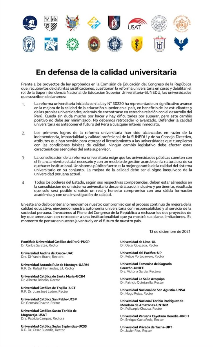 PaulPanizo's tweet photo. Pronunciamiento de los rectores de Universidades en defensa de la calidad universitaria. "Invocamos al Pleno del Congreso de la República a rechazar la dos proyectos de ley" 👇👇👇@congresoperu @Defensoria_Peru @PedroCastilloTe @MaricarmenAlvaP https://t.co/49h436iaid
