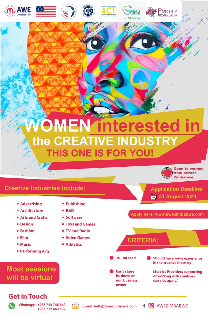 10 life-changing weeks💯

I am so grateful to have been accepted into the Academy for Women Entrepreneurs 2021 Cohort. It's been a great learning opportunity and networking platform!
#AWE #AWEZimbabwe #TheFutureIsFemale