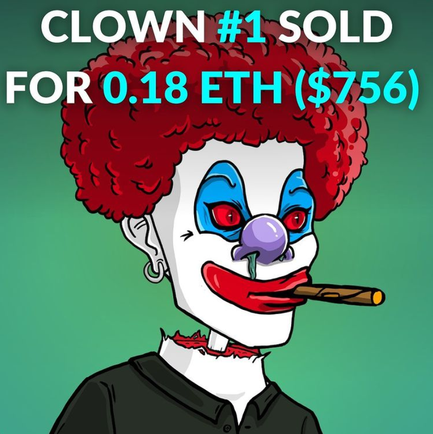 ClownzGang's tweet photo. This creepy looking Clown was recently sold for 0.18 ETH ($756) on OpenSea. Just a reminder the MINTING IS STILL LIVE and the MINT PRICE is only 0.05 ETH! Get yours before sell out! https://t.co/FckhKhVDdY 🤡 https://t.co/A3tGSi2GZS