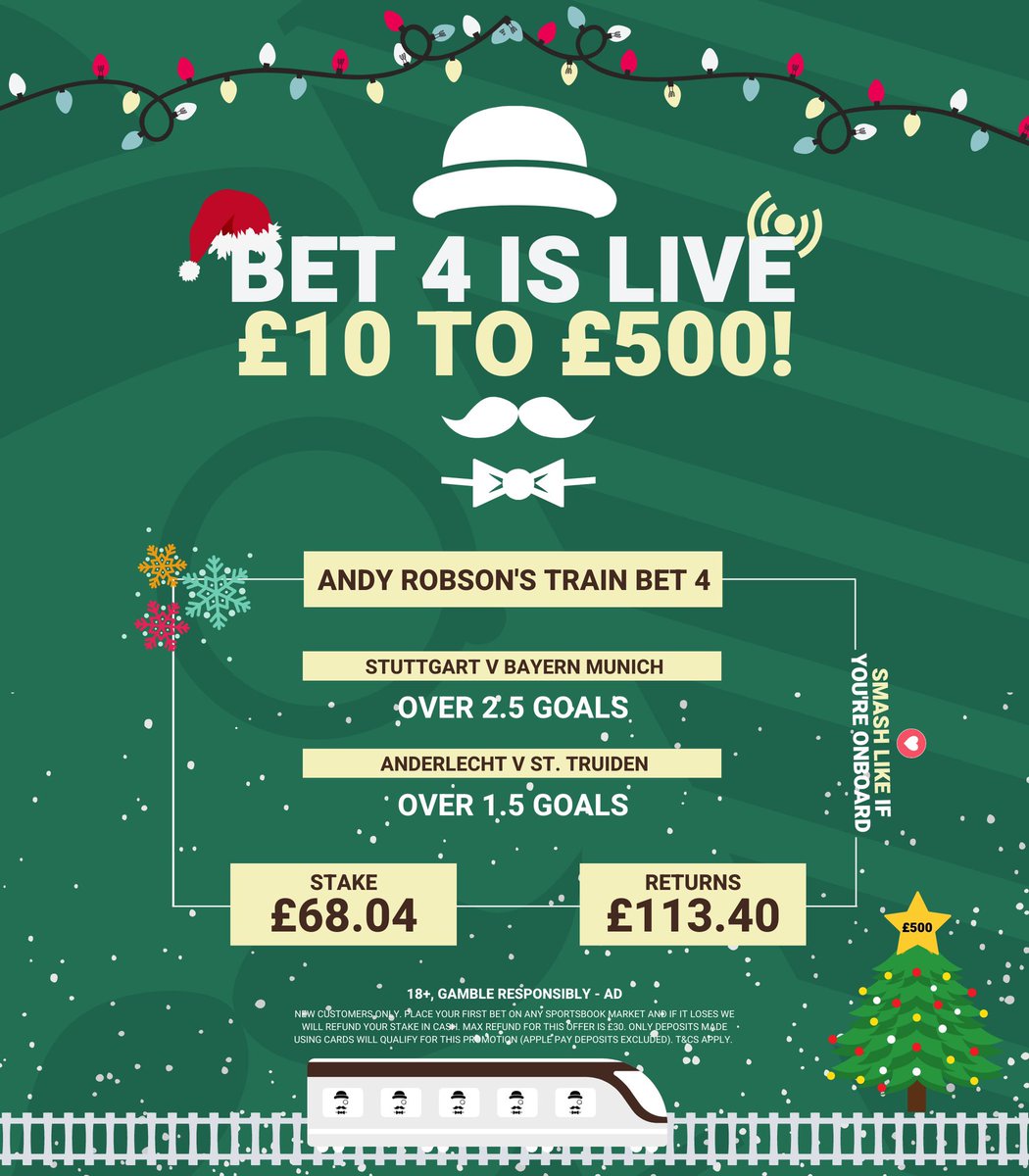 AndyRobsonTips's tweet photo. 🚂 | £10 to £500 Christmas Train - Bet 4

Load here: https://t.co/mgqE4Ce882

🇩🇪 17:30 - Stuttgart
🇧🇪 20:00 - Anderlecht

Create a Paddy Power account using this link and you’ll be refunded in cash if bet 4 loses here: https://t.co/bE8GDbZ4Pr (#Ad)

18+, gamble responsibly. https://t.co/LvcNI8lP2E