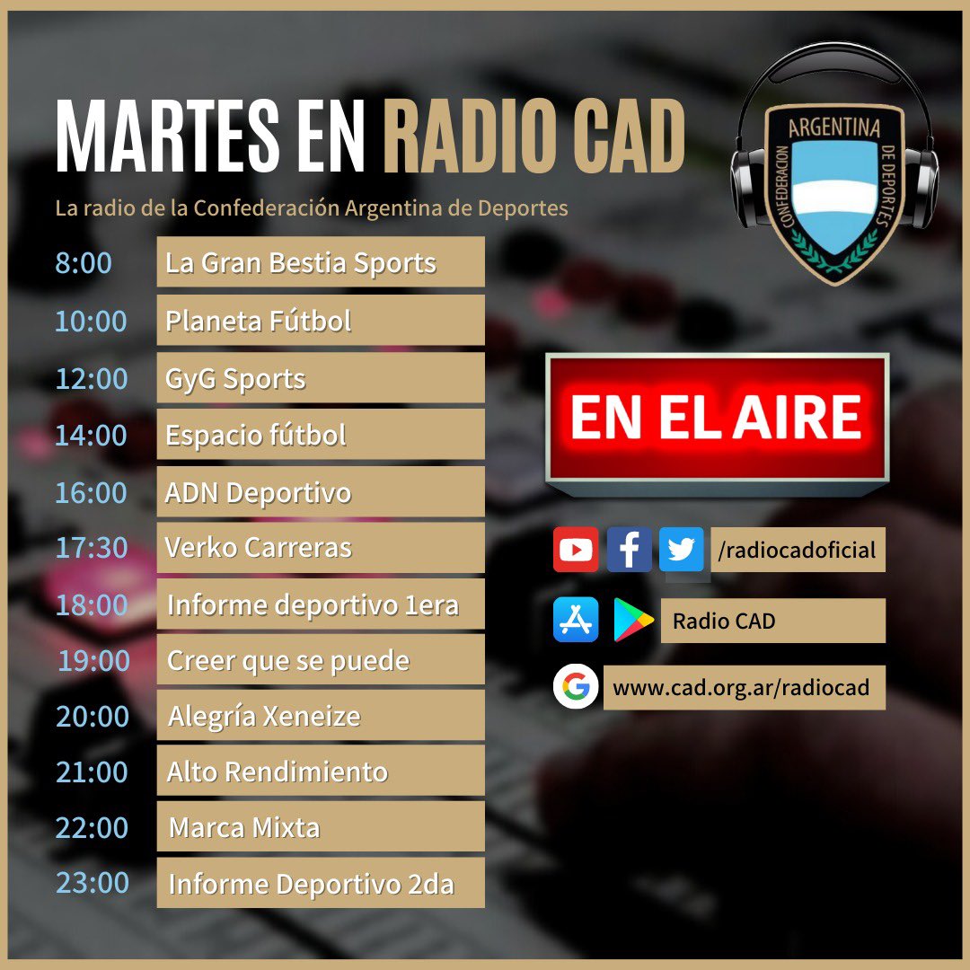 📻 Ya podes disfrutar del martes en la radio de <a href="/CAD_Deportes/">Confederación Argentina de Deportes (CAD)</a> 🇦🇷

📌 <a href="/BestiaSports/">La Gran Bestia Sports</a>
📌 <a href="/PlanetaFutbolOK/">Planeta Fútbol</a>
📌 <a href="/GyDeportes/">GyGDeportes</a>
📌 @EspacioFutboIOk
📌 <a href="/ADNDeportivo21/">ADN Deportivo (en 🏠)</a>
📌 @VerkoCarrerasTv
📌#CreerQueSePuede
📌 @Alegria_xeneize
📌 @radioaltorendimiento