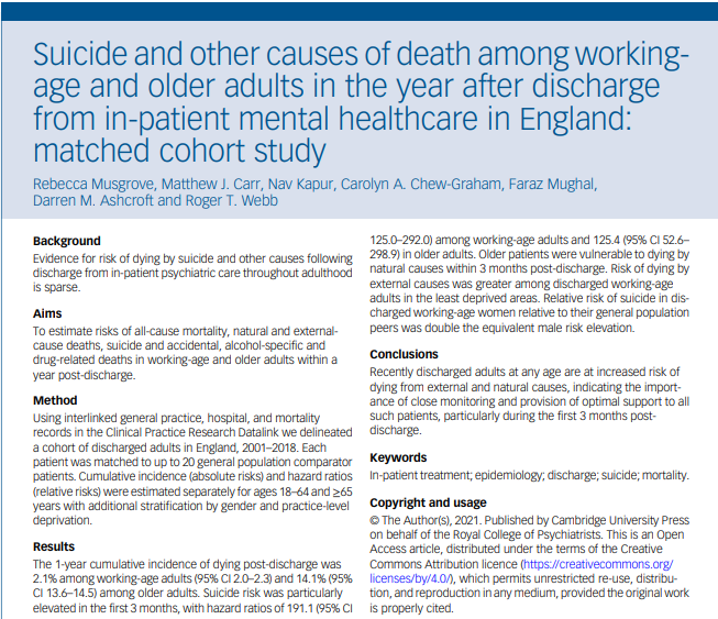 beckymus's tweet photo. NEW STUDY: We used NHS datasets to investigate risks of suicide and other causes of death in the year after people were discharged from inpatient mental-health care in England.  

Published OA today @TheBJPsych 
With @CizCG &amp; @farazhmughal 
Link: https://t.co/pJ5LjTyBgr https://t.co/gPI6CgRFuH