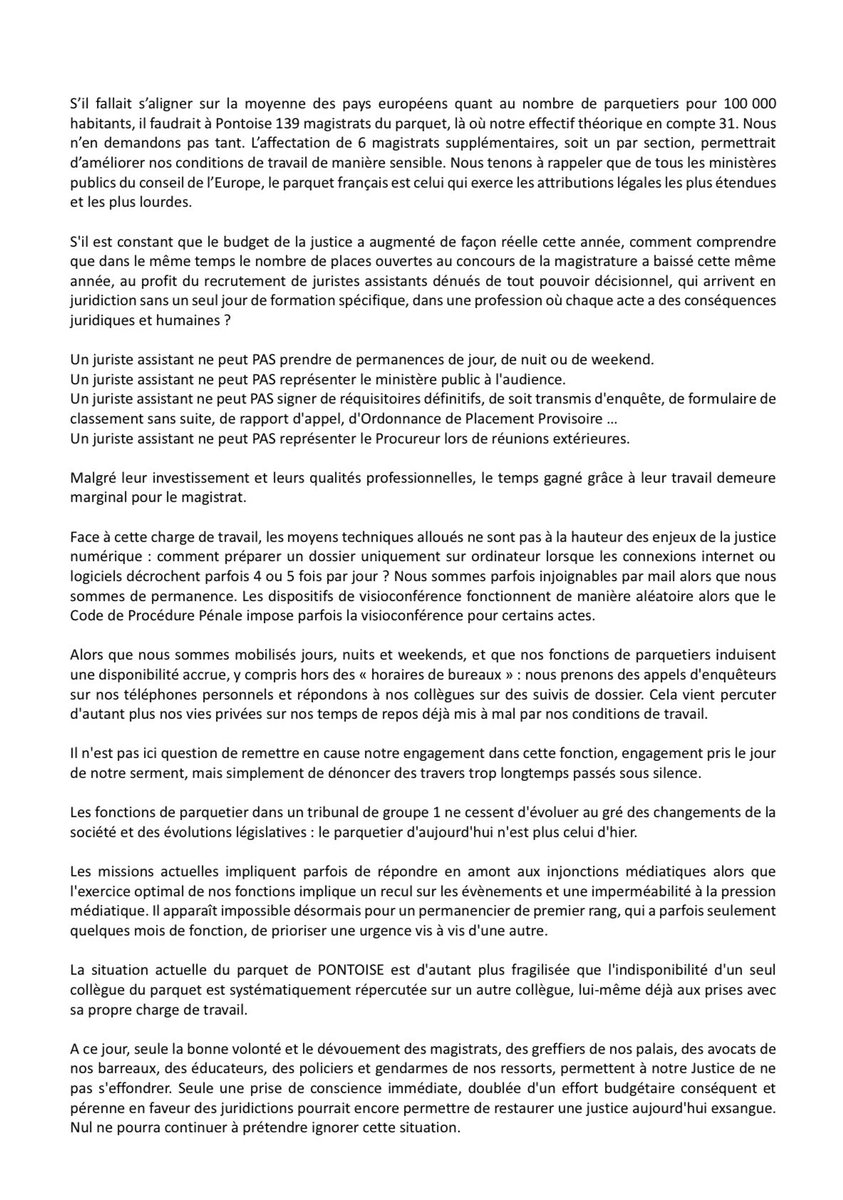 Motion votée à l’unanimité par les #magistrats du #parquet de #pontoise ⬇️