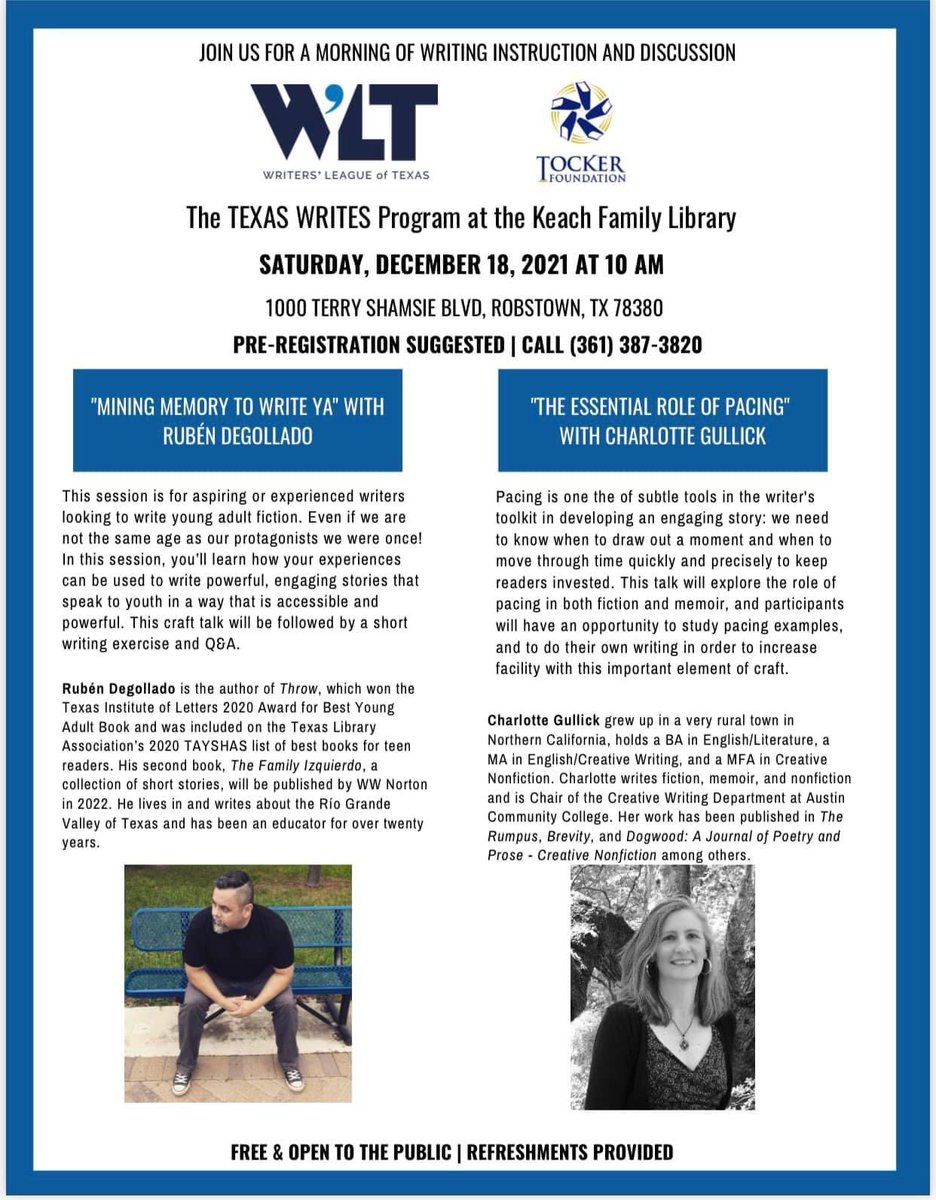 NuecesLibraries's tweet photo. Join us this Saturday for the Texas Writes program in Robstown at the Nueces County Public Library! We will be joined by writers Rubén Degollado and Charlotte Gullick. You can learn more here: https://t.co/0iUI8lwCD6 https://t.co/E5RpjO6DW0