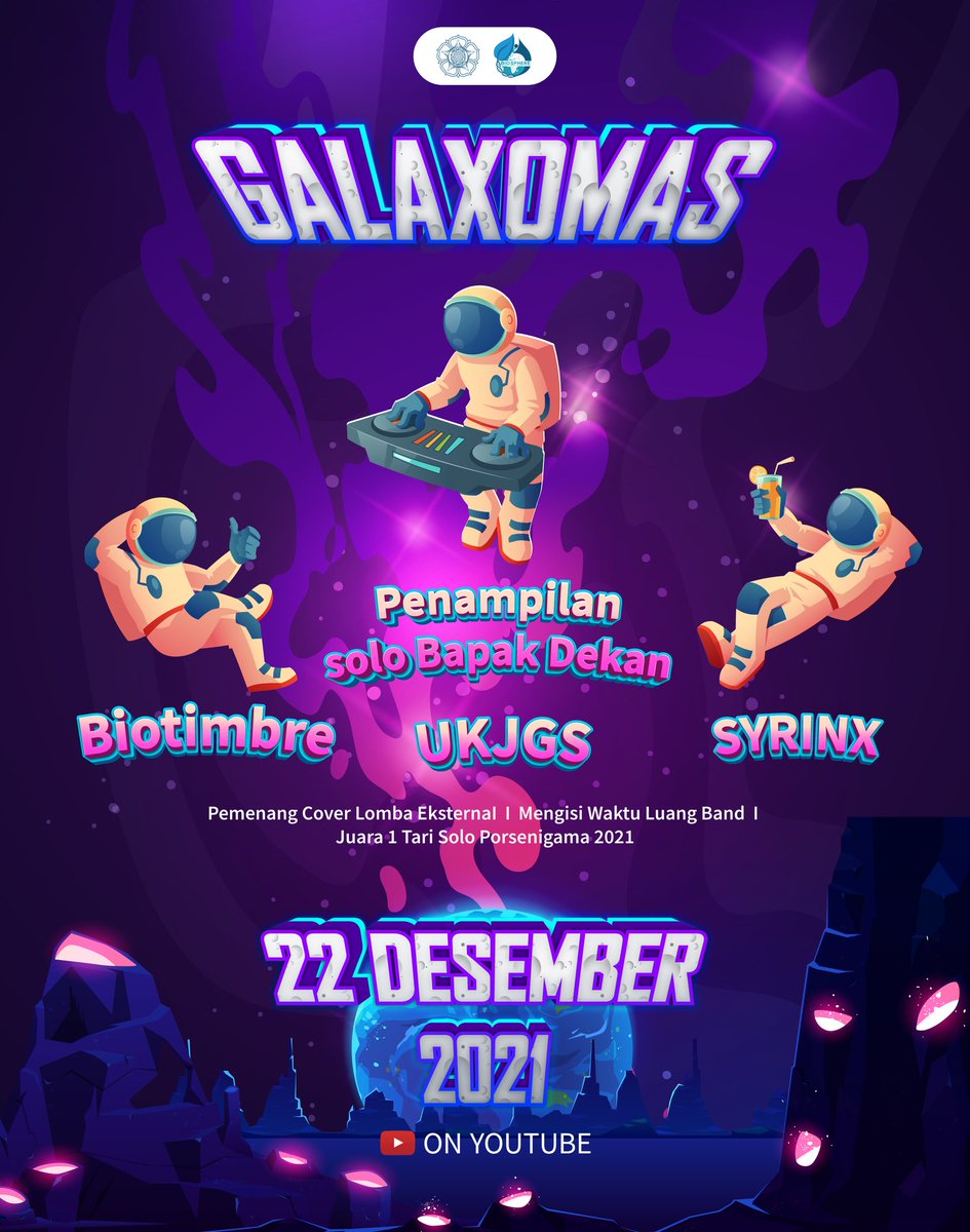 BIOSPHERE_UGM's tweet photo. ✨FAKULTAS BIOLOGI UGM PROUDLY PRESENT✨

MALAM PUNCAK BIOSPHERE #4 
"Galaxomas" 🛸

Yang ditunggu udah datang nih ! Ayo sobat Biosphere melampaui horizon bersama:
🌠 Penampilan Dekan Biologi UGM
🌠Syrinx
🌠Biotimbre
🌠UKJGS
🌠Pemenang Biospace
🌠Juara 1 Tari Solo Porsenigama https://t.co/H6bsbuLTuw