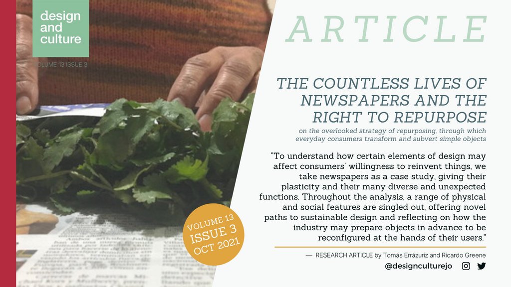 DesignCultureJo's tweet photo. NEW ARTICLE | "The Countless Lives of Newspapers and the Right to Repurpose" by Tomás Errázuriz @terrazur &amp; Ricardo Greene @ricgreene focuses on overlooked strategy of repurposing to transform &amp; subvert simple objects. @cosasmrvllosas Read article here: https://t.co/tCcjMIZ86p https://t.co/baILdTUAep