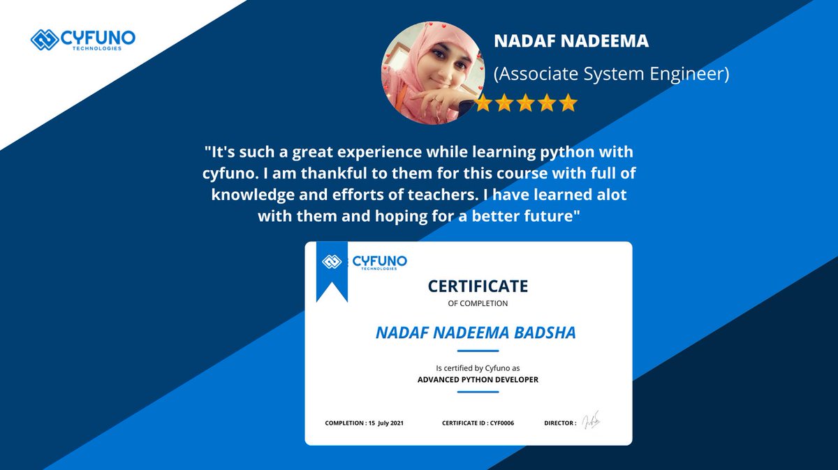 cyfuno_tech's tweet image. Congrats! Nadeema for successfully completing the Python certification training and getting placed in @TCS
Good luck with your future journey ahead! ✨
#Pythoneer #Python #Training #Future #tcs #tcsglobal #Learning #Career #Leadership #Success #Skills #cyfunotechnologies