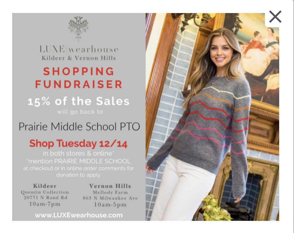 rparikh33's tweet photo. Shop to support local business Luxe Warehouse and @Prairie220 @PrairiePto Tuesday 12/14 at either location or online!  Remember to mention Prairie PTO 🛍 https://t.co/7pHHKM10iI