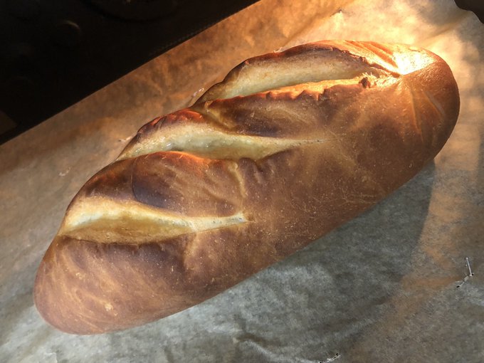 35歳になるまで週一でメロンパンを焼き続けるおっさん17
今砂糖の盛り盛りのメロンパン食べたらブクブク肉人間になってしまうため再びフランスパン。慌てていて焼く前に霧吹きするの忘れたので黒い。焼く前の生地はいい感じだった。分量覚えとこ。 