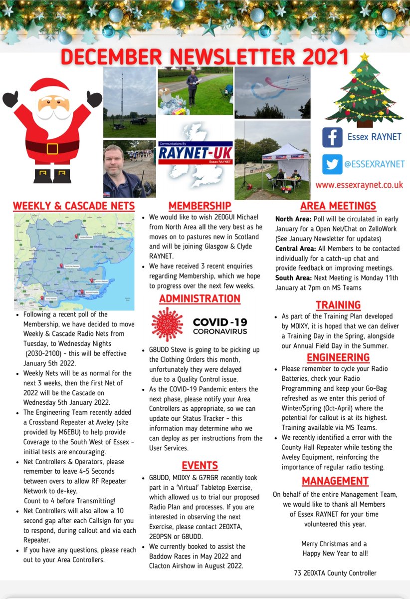 EssexRAYNET's tweet image. The December issue of the Essex RAYNET newsletter has now been circulated for your perusal.  The Management Committee would like to wish everybody a peaceful Christmas and a healthy 2022.  View the newsletter at essexraynet.co.uk @RAYNET_UK