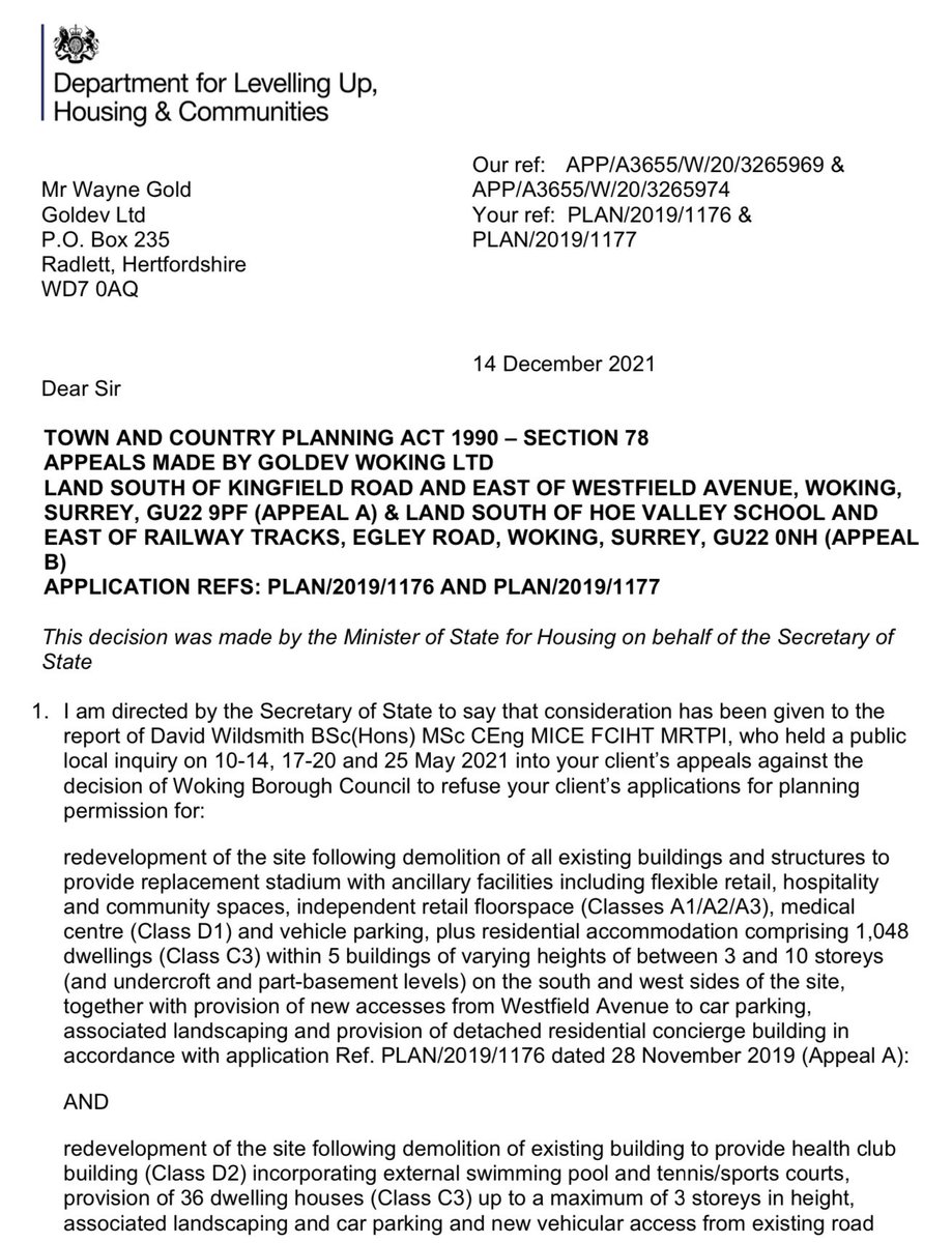 Delighted that the Planning Inspector has refused Goldev’s appeal against #Woking Council’s decision not to allow a 10k stadium and 1,1k flats to be build around the town’s football ground.  Well done <a href="/SouthWoking/">South Woking Action Group</a> <a href="/HoeValley_NF/">Hoe Valley Neighbourhood Forum</a> <a href="/ANDYC2311/">Andy CAULFIELD</a> and others!
assets.publishing.service.gov.uk/government/upl…