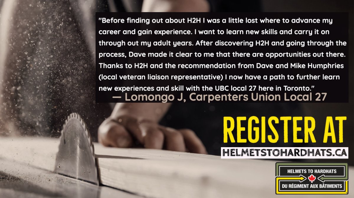 H2HCanada's tweet photo. Start your career today! Register for #Carpenter or over 60 trades available at https://t.co/1pzfDnOZIi #ONTatwork @ONTautravail #ONjobs #HelmetstoHardhats #veteran #construction #buildingtrades #skilledtrades #bootsontheground #MilitaryFamilies #RCN #RCAF #ARMY #RoyalCanNavy https://t.co/DdLV5NCtsJ