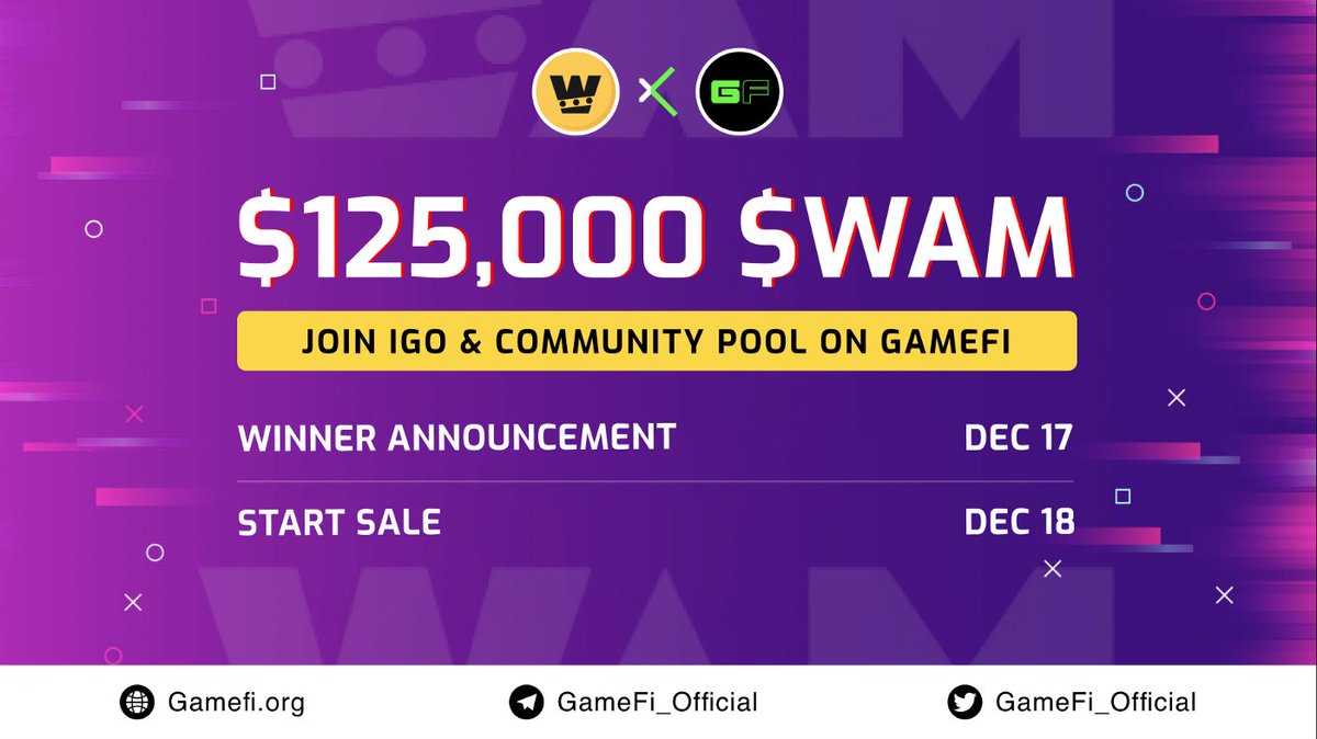 playWAM's tweet photo. 🥁 Are you ready for the next big news?!👇

$WAM IGO pool is officially open for WHITELIST registration on @GameFi_Official 
 
Whitelist Opening: Dec 14
Whitelist Closing: Dec 17 

Check this article for more details⤵️
https://t.co/hMn60GJ6xs https://t.co/uiWOc5fEaO