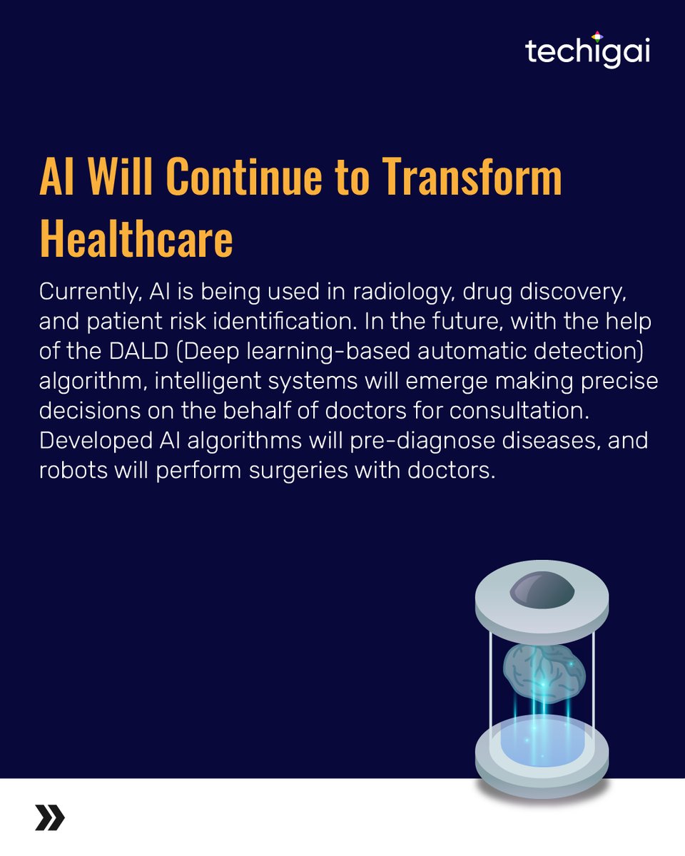 (1/2)AI is already everywhere! The current trajectory suggests that in the coming years, AI will only further augment human efforts. 

#AIinHealthcare #AIinTech #CyborgTechnology #MachineLearning #AIML #FutureofAI #follow #techigai #LifeAtTechigai