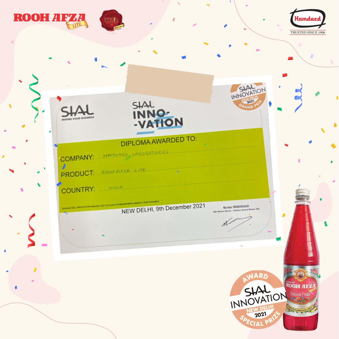 Hamdard is delighted to announce that RoohAfza LITE (Sugar-Free) has won the innovation award at SIAL 2021 presented by the renowned chef Mr. Manjit Singh Gill, President IFCA. We thank you for acknowledging our good work. @Sialindia #Hamdard #RoohAfzaLITE #SIAL #Innovationaward