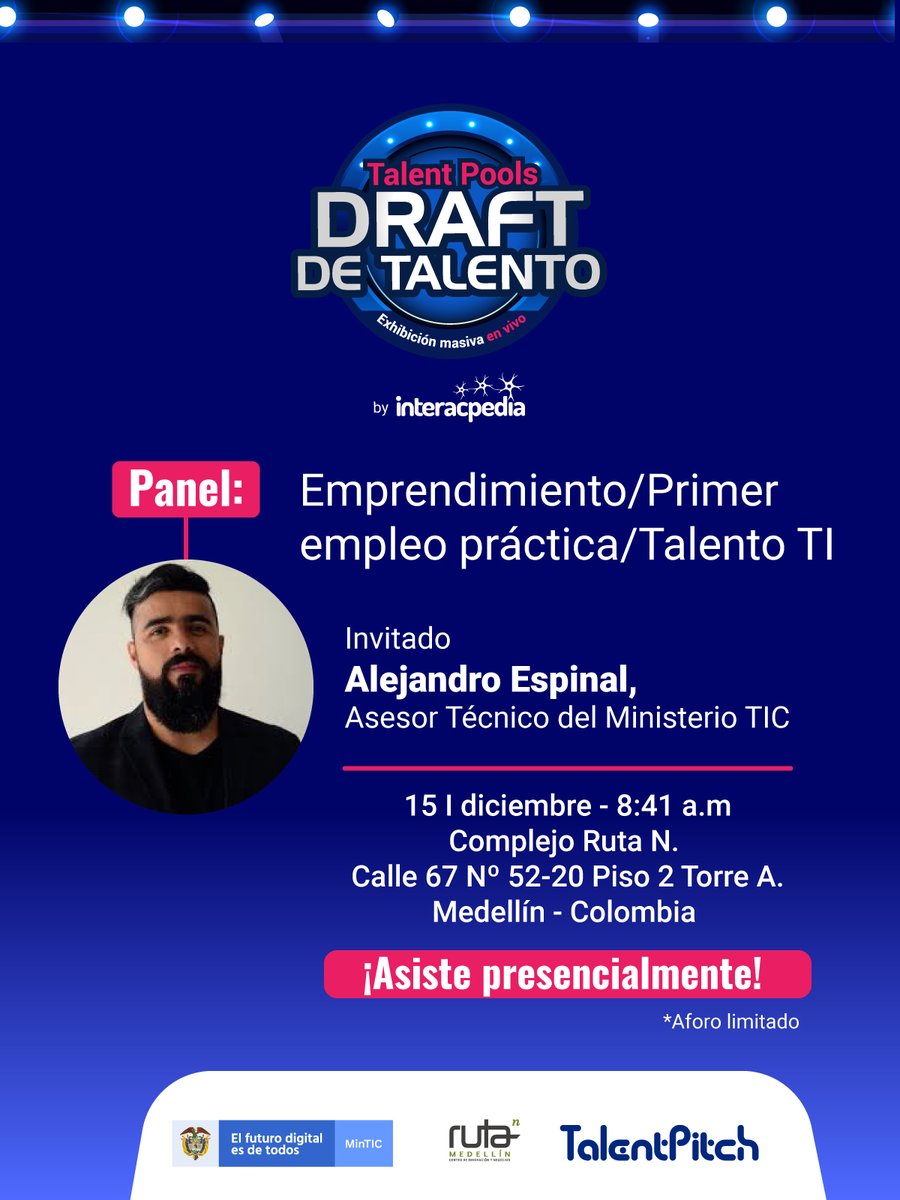 PPalaciosDe's tweet photo. ⭕Nuestros tripulantes de 🚀#MisiónTIC2022 podrán conocer tips laborales y herramientas para desempeñar un mejor rol en las organizaciones, junto a @Dracoespinal, asesor técnico de los programas de la #4RI. Los invito a participar en el #DraftDeTalento en📲https://t.co/D9zT6exWS6 https://t.co/GHU06le746