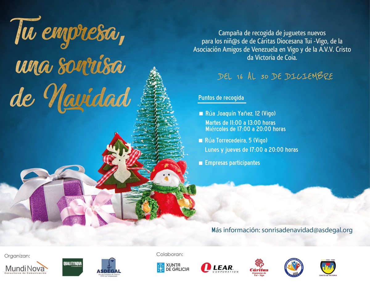 Desde MundiNova os invitamos a participar en la recogida de juguetes solidaria que hemos puesto en marcha junto a <a href="/QualityNova/">QualityNova</a> y <a href="/asdegalgalicia/">Asdegal</a> y que cuenta con la colaboración de la Consellería de Política Social de la <a href="/Xunta/">Xunta de Galicia</a> #Tuempresaunasonrisadenavidad