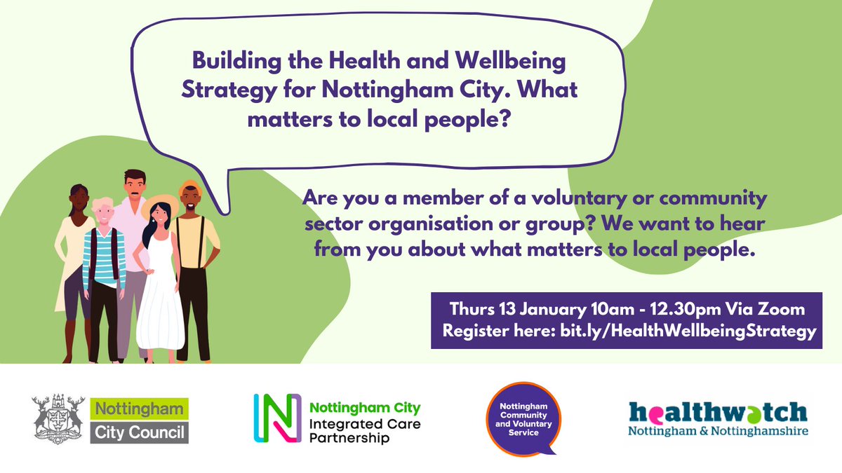 NottinghamCVS's tweet photo. We are developing a new joint Health and Wellbeing Strategy for Nottingham City and we want to hear from you about what matters to local people.

Join us for an online event:

13 Jan 2022 - 10am-12.30pm
Via Zoom

https://t.co/t0eS1RUk5g

----
#HealthWellbeingStrategy https://t.co/2b9gFk3wW7