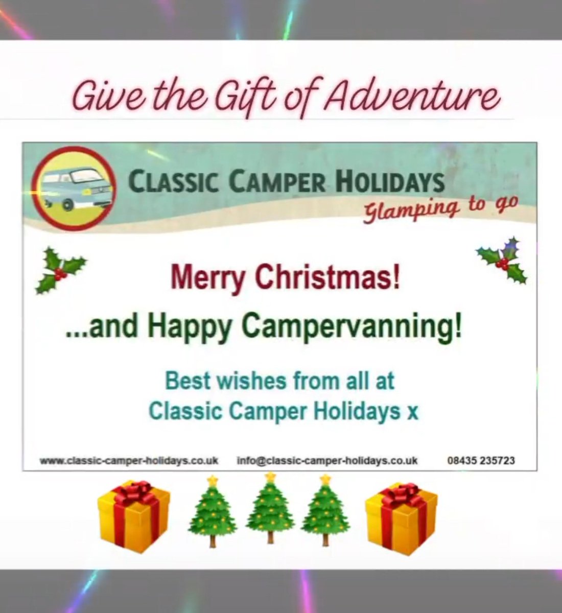 ClassCamperHols's tweet photo. Finding it difficult to find a gift for someone special? 
Give the gift of freedom, travel &amp; adventure this Christmas? 
We now have 15% off our Gift Vouchers until 24th December!
Email us to purchase a special gift for that deserving loved one. 
Info@classic-camper-holidays.co.uk https://t.co/9ipbNuM9Lw