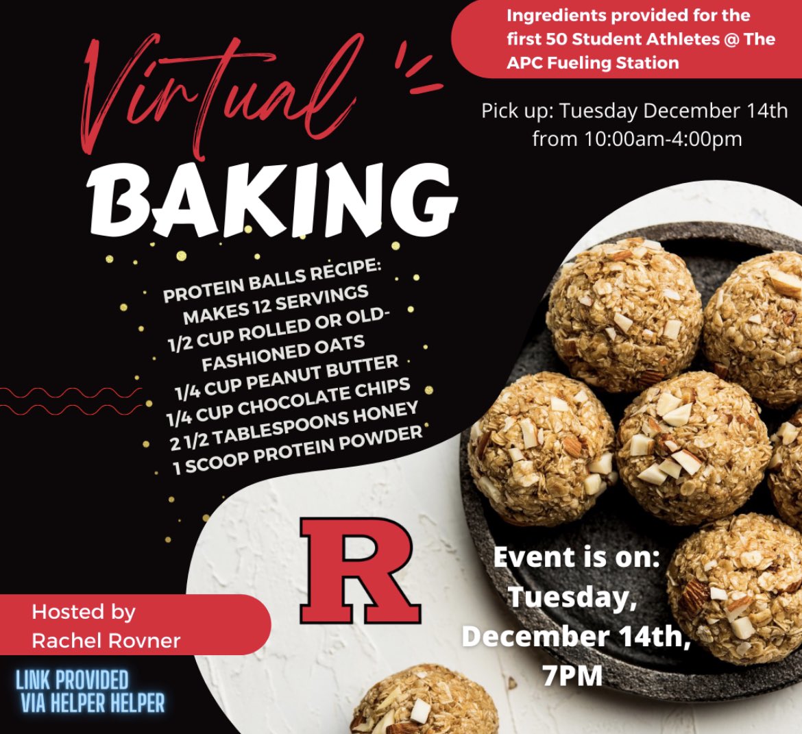 Take a break from studying and join our virtual baking demo! Sign up and get the webex link on helper helper. Then stop by the APC fueling station today from 10am-4pm if you were 1 of the first 50 to sign up to get the recipe ingredients! #rufueled