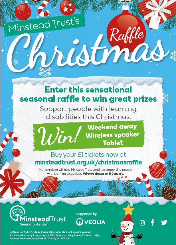 MinsteadLodge's tweet photo. Minstead Trust’s popular Christmas raffle is here!

Join in to win prizes and support people with learning disabilities over the festive period. 

Kindly supported by Veolia, the raffle runs until 10 January. 

Enter now at 
https://t.co/r39KI338ty https://t.co/KioOVHt3c2