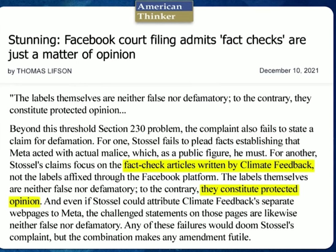 tyranny_stop's tweet photo. So, digging into cort filings, it looks as if #Facebook #FactCheck / #FactChecking are ONLY OPINIONS! Let that sink in. Its no better then @maddow saying the sun is hot & me as a fact checker say "WRONG" because I dont agree!!! Eventually YOU wont agree with a FactChecker #end230 https://t.co/fv1IspI9TB
