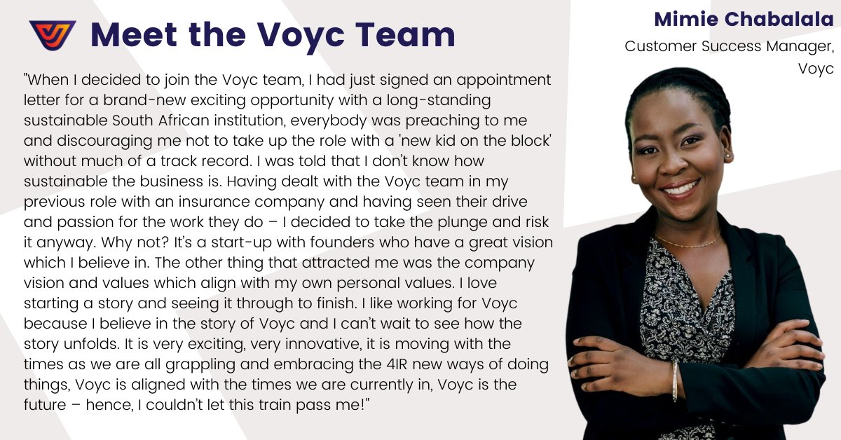 Voyc (@voyc_ai) on Twitter photo Mimie Chabalala, Customer Success Manager.
Q: What do you like about working at Voyc?
#MeetTeamVoyc #innovation #startup #fintech #insurance Mimie Chabalala, Customer Success Manager.
Q: What do you like about working at Voyc?
#MeetTeamVoyc #innovation #startup #fintech #insurance