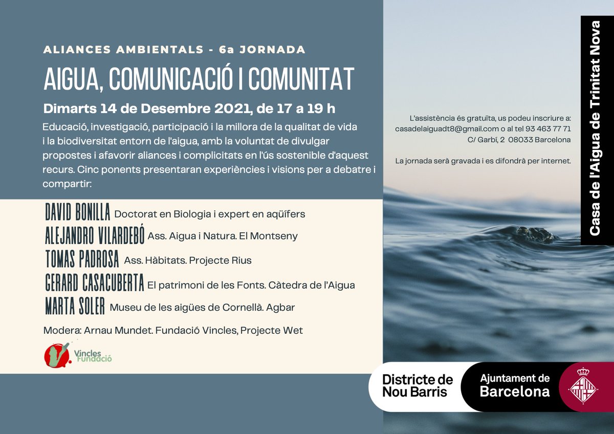 🗓 Avui a les 17 h compartirem experiències entorn de l’aigua a la 6a jornada «Aigua, comunicació i comunitat» a la Casa de l'Aigua de #TrinitatNova.
<a href="/BCN_Ecologia/">BCN_Ecologia</a>  <a href="/Bcn_NouBarris/">Districte de Nou Barris</a>