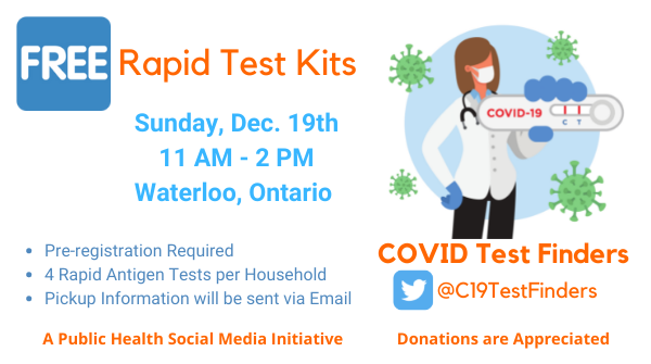 C19TestFinders's tweet photo. Until we #FreeTheRATs, pre-register for our first 
Pop-Up Rapid Antigen Test Distribution Event:

➡️ https://t.co/mWIWl7McQf ⬅️

Sunday, Dec. 19 
11 am - 2 pm
Waterloo, ON

🧪🧪🧪🧪 Each household is eligible to receive a bundle of 4⃣ 🆓Rapid Tests with onsite training

#ctfPOPUP https://t.co/PfICmrwZB1