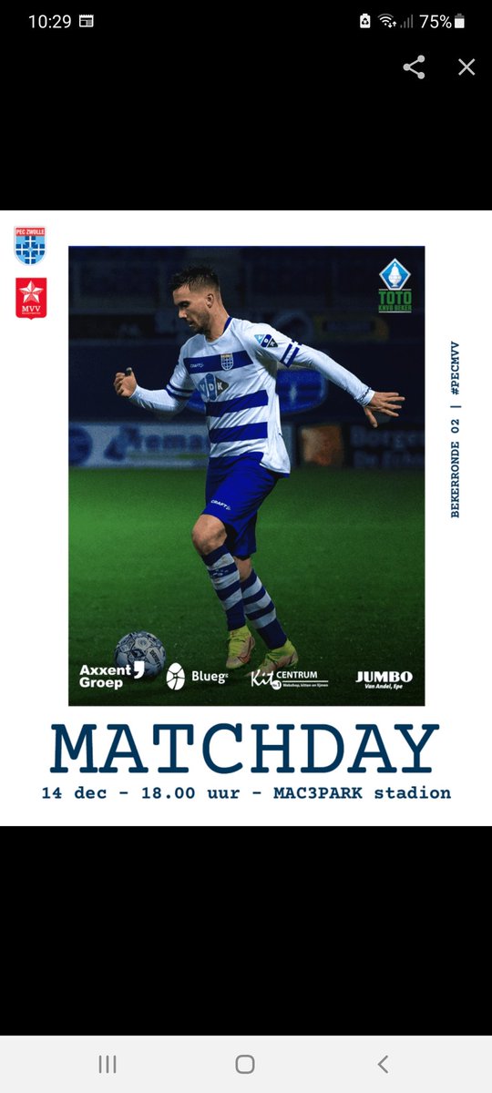 ⚽ MATCHDAY!

Vanavond speelt <a href="/PECZwolle/">PEC Zwolle</a> in de tweede ronde van de TOTO KNVB Beker om 18.00 uur thuis tegen <a href="/mvvmaastricht/">MVV Maastricht</a>

Veel succes vanavond PEC Zwolle, aan de bal kan het niet liggen... #nr1 #kitcentrum #peczwolle