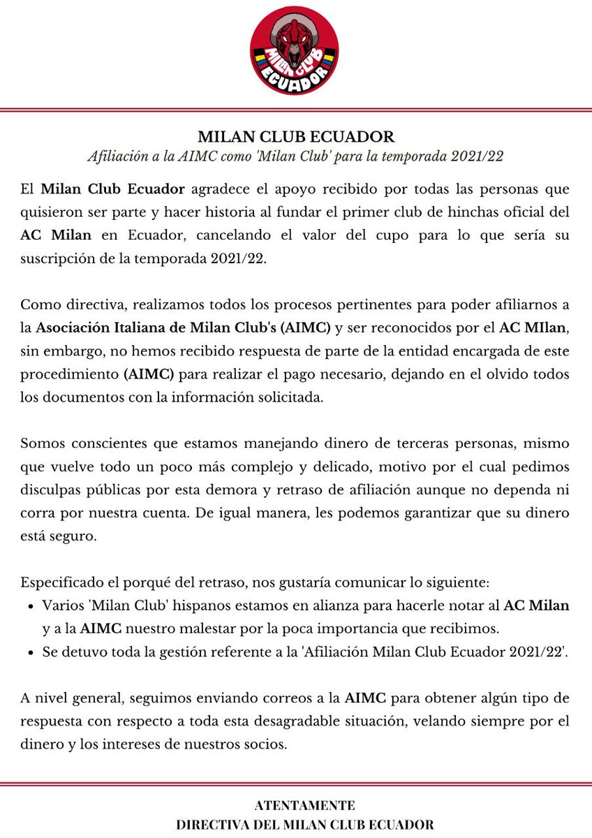 MilanClubEc's tweet photo. Comunicado oficial: Afiliación a la AIMC para la temporada 2021/22. https://t.co/Tcy3SE2ptC