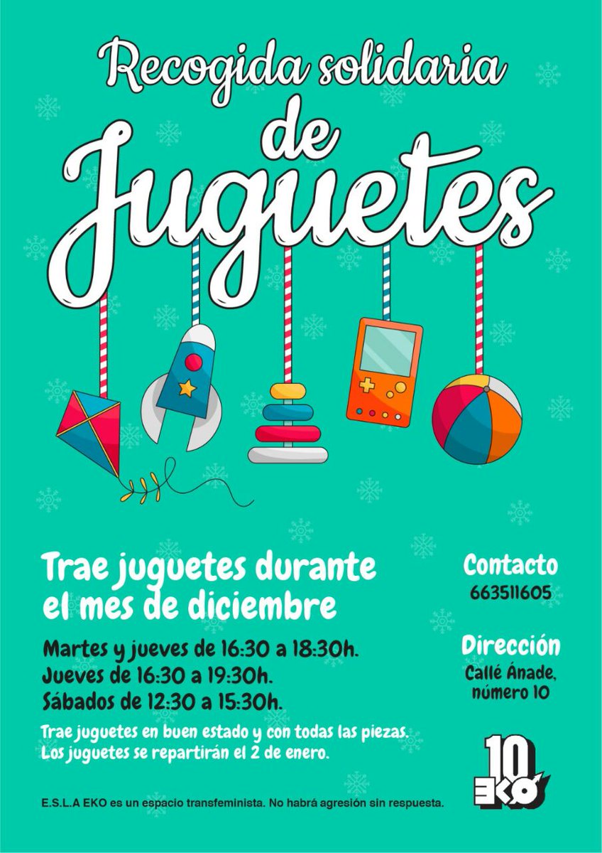 EKO_Carabanchel's tweet photo. Recogida solidaria de juguetes durante el mes de diciembre. 

Martes de 16:30 a 18:30
Jueves de 16:30 a 19:30
Sábados de 12:30 a 15:30

Trae juguetes en buen estado y con todas las piezas.☺️ https://t.co/cPakD2997m