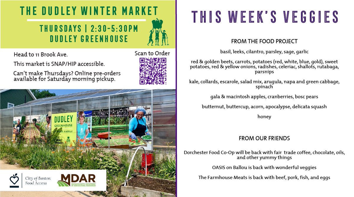 The Dudley Winter Market takes place on Thursday from 2:30-5:30pm at the Dudley Greenhouse. If you can't make it, you can always order online and pick it up on Saturday. Click the link to start shopping! bit.ly/GHonlinestore