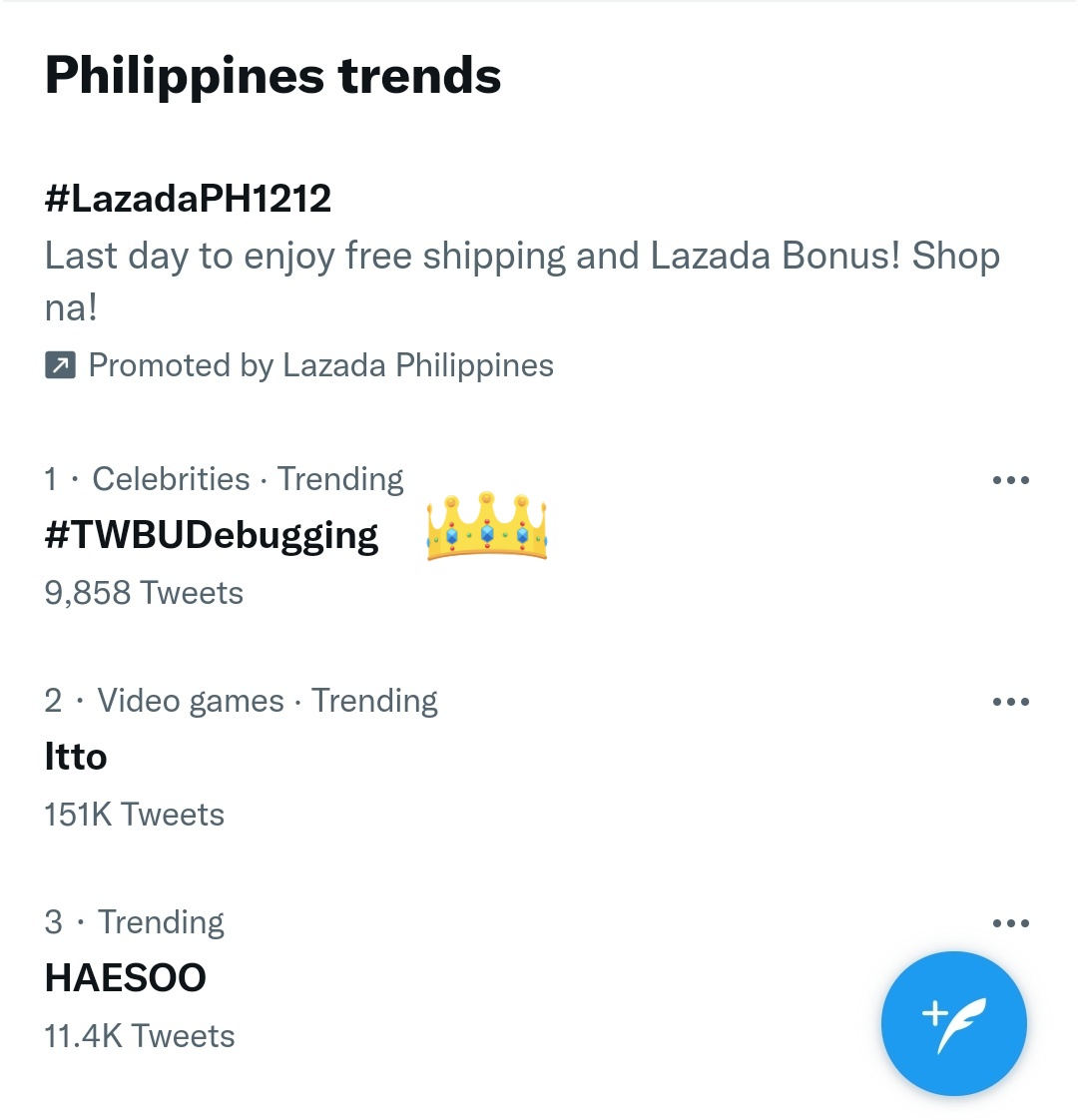 cutenessavie's tweet photo. Philippine Trends
December 14, 2021
9:46pm

Top spot
#TWBUDebugging

7th spot
ALDENxTWBU NewAlliance

#AldenRichards https://t.co/xU3rGzBACE