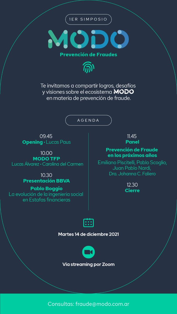🌐🛡 Hoy martes 14/12 11:45 hs voy a estar participando en el 1er Simposio MODO en #PrevenciónDeFraudes de <a href="/MODO_Arg/">MODO</a> en el Panel #PrevenciónDeFraude en los próximos años.
Gracias <a href="/Luckish/">Lucas Paus 🌎</a> por la invitación🛡🌐

#ciberseguridad #infosec #CyberSec #CyberSecurity #infosecurity