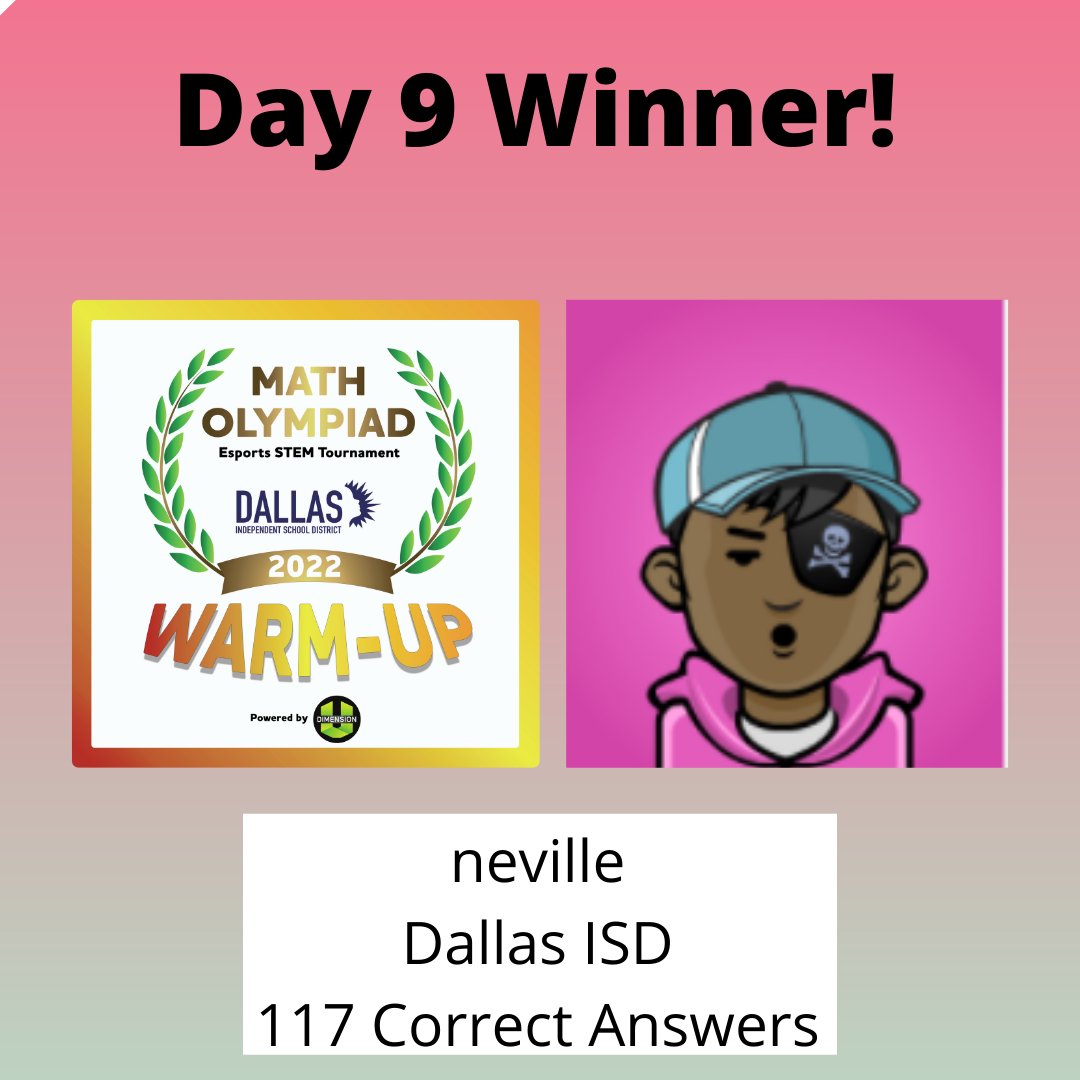 DimensionU's tweet photo. 117 correct answers took the top spot in yesterday's Dallas ISD Math Olympiad Warm-Up Competition.  GREAT JOB!!  
.
.
LB: https://t.co/7VQcKHDEyH
.
.
Today's the FINAL day of the Warm-Up competition!  
.
.
 #edtech #mathgames #esports #esportsforeducation #STEM #STEAM https://t.co/JYXDucz9Te