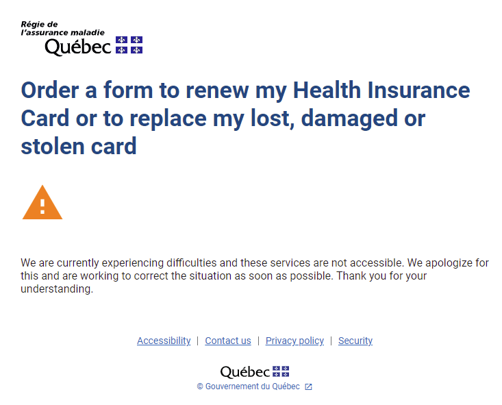 GabrielCoder's tweet photo. @RAMQuebec Depuis plusieurs jours il est impossible d'obtenir un formulaire pour renouveler une carte d'assurance sur votre site. Pouvez-vous réparer ça? Quelle autre solution est offerte? Merci https://t.co/Zf1Zu4CwAT