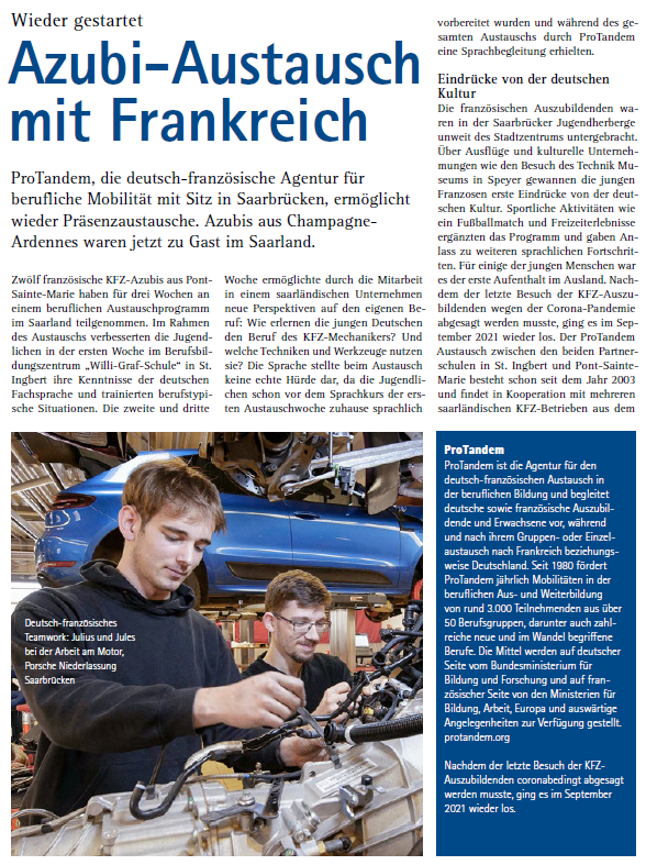 🇩🇪 ProTandem 🇫🇷 (@pro_tandem) on Twitter photo 🇩🇪 Die „Saarwirtschaft“ der <a href="/IHKSaarland/">IHK Saarland</a> berichtet über einen ProTandem-Präsenzaustausch 2021, bei dem 🇫🇷 KFZ-Azubis aus Pont-Sainte-Marie 3 Wochen im Saarland verbracht haben. 
👀 👉bit.ly/3s0VtSF 🇩🇪 Die „Saarwirtschaft“ der <a href="/IHKSaarland/">IHK Saarland</a> berichtet über einen ProTandem-Präsenzaustausch 2021, bei dem 🇫🇷 KFZ-Azubis aus Pont-Sainte-Marie 3 Wochen im Saarland verbracht haben. 
👀 👉bit.ly/3s0VtSF