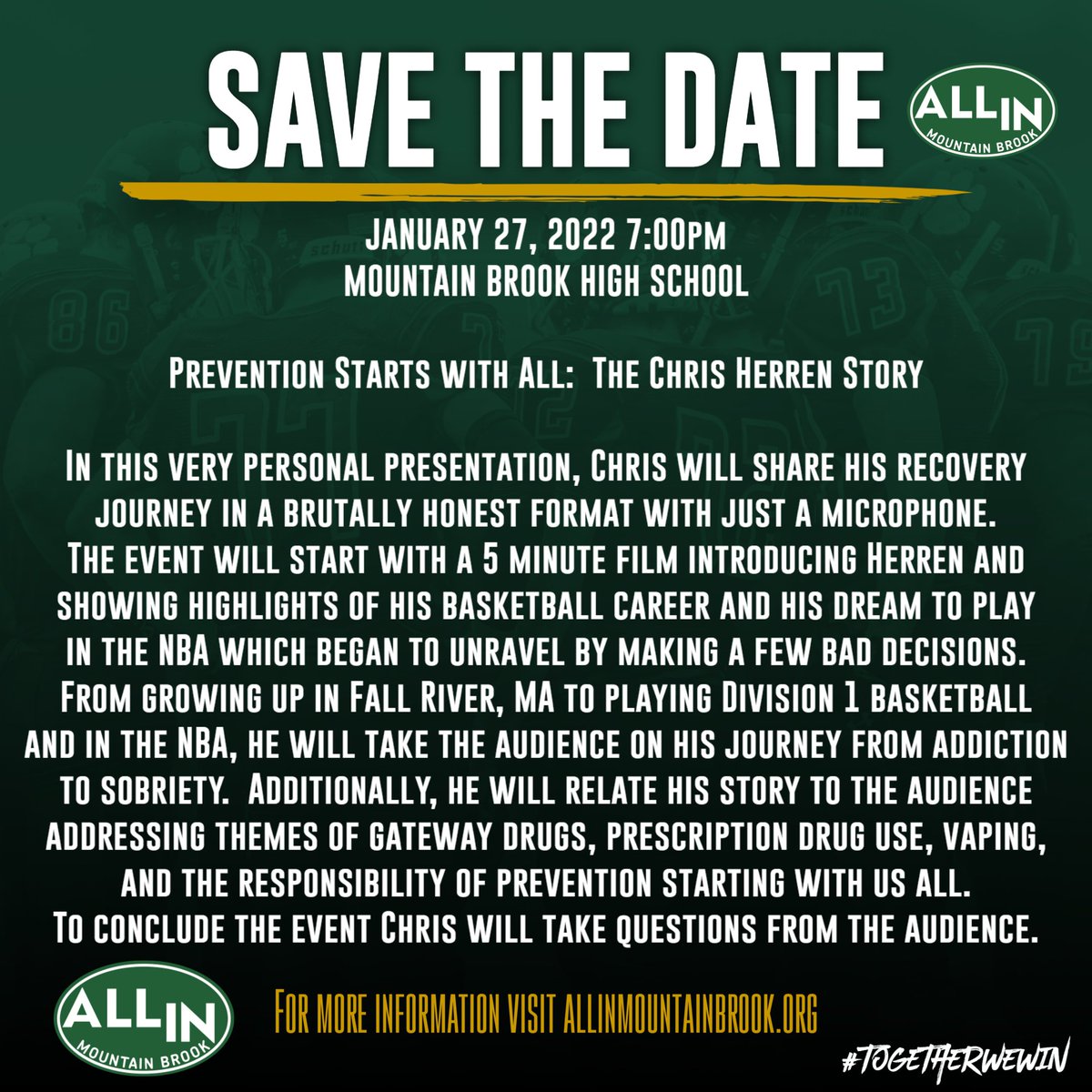 Save the date! Come hear former Division 1 and NBA player Chris Herren share his journey from addiction to sobriety.  He is an amazing speaker with a powerful message to share.